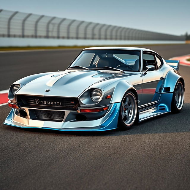 An imaginative car design featuring a Datsun 240Z customized with a Bugatti-inspired Rocket Bunny body kit