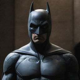 Batman dressed in his iconic suit standing firmly. His face, usually exposed, is now obscured by a full-covering sleek black mask.