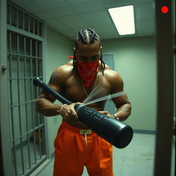 Static grainy camcorder footage depicting a muscular African American gang member in a dimly lit prison cell