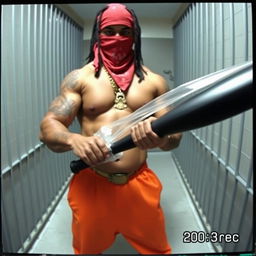 Static and grainy camcorder footage shows a muscular African American gang member in a prison cell