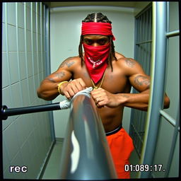 Static and grainy camcorder footage shows a muscular African American gang member in a prison cell