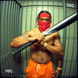 Static and grainy camcorder footage shows a muscular African American gang member in a prison cell