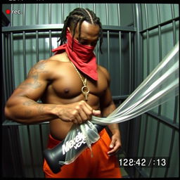 Static and grainy camcorder footage shows a muscular African American gang member in a prison cell