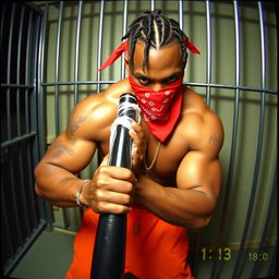 A muscular African American gang member in a prison cell, wearing baggy orange pants and a red bandana mask covering his nose and mouth