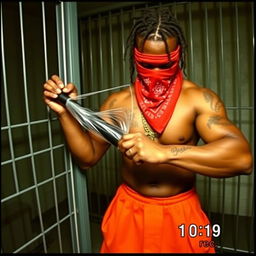 A muscular African American gang member in a prison cell, wearing baggy orange pants and a red bandana mask covering his nose and mouth