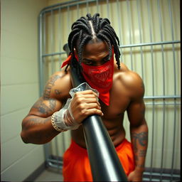 A muscular African American gang member in a prison cell, wearing baggy orange pants and a red bandana mask covering his nose and mouth