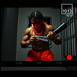 A dark and gritty scene depicting a muscular African American gang member inside a prison cell