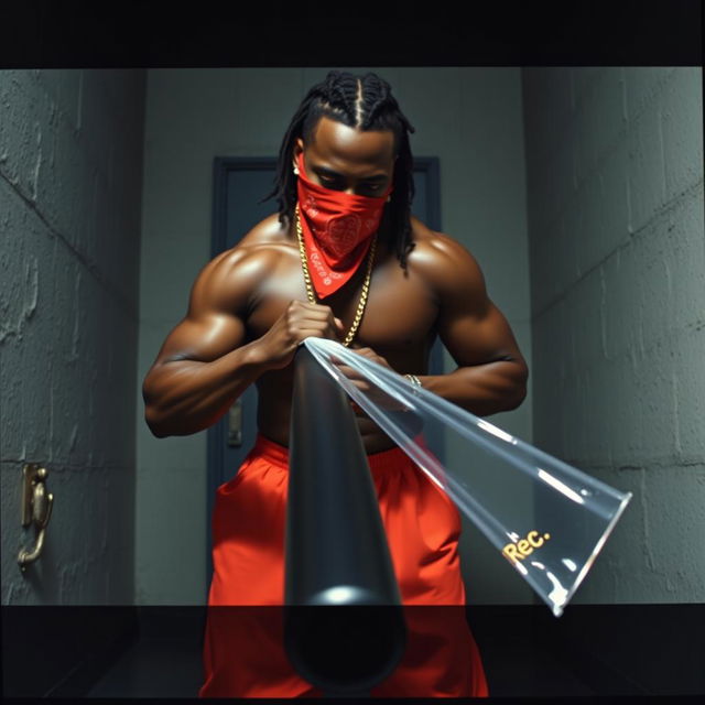 A dark and gritty scene depicting a muscular African American gang member inside a prison cell