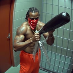 Grainy CCTV footage depicting a muscular African American man dressed in baggy orange prison pants, wearing a red bandana mask covering his nose and mouth