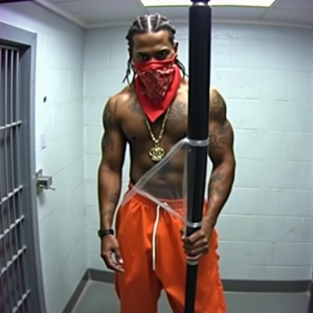 Grainy CCTV footage depicting a muscular African American man dressed in baggy orange prison pants, wearing a red bandana mask covering his nose and mouth