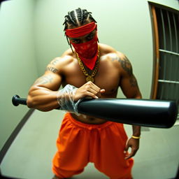 Grainy CCTV footage depicting a muscular African American man dressed in baggy orange prison pants, wearing a red bandana mask covering his nose and mouth