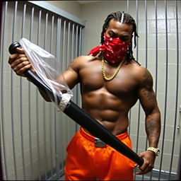 Grainy CCTV footage depicting a muscular African American man dressed in baggy orange prison pants, wearing a red bandana mask covering his nose and mouth