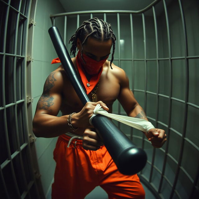 A grainy CCTV footage scene depicting a muscular African American male gang member inside a prison cell