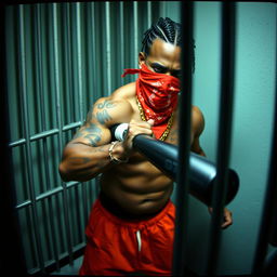 A grainy CCTV footage scene depicting a muscular African American male gang member inside a prison cell