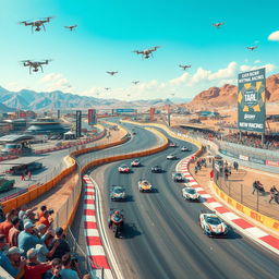 A vibrant and dynamic world where racing is the central focus of life, featuring various types of racing such as car racing, motorcycle racing, and even futuristic hovercraft racing