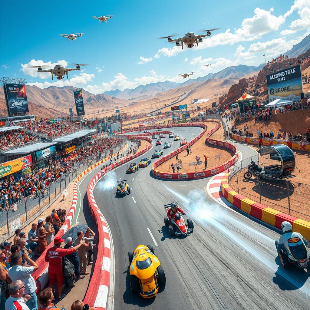 A vibrant and dynamic world where racing is the central focus of life, featuring various types of racing such as car racing, motorcycle racing, and even futuristic hovercraft racing