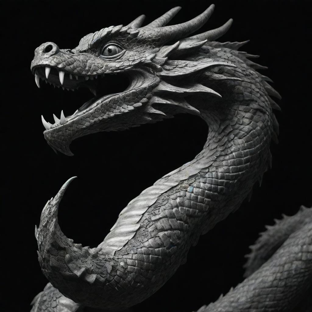 A highly detailed black and white image of the mythical Bakunawa serpent dragon, depicted with dramatic shadows and highlights.