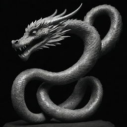 A highly detailed black and white image of the mythical Bakunawa serpent dragon, depicted with dramatic shadows and highlights.