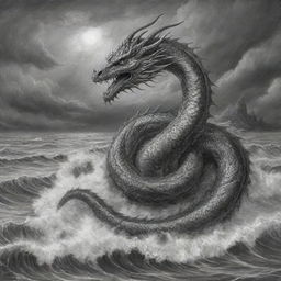 A highly detailed black and white pencil drawing of the mythical Bakunawa serpent dragon, set against an intricate background of a stormy seascape.