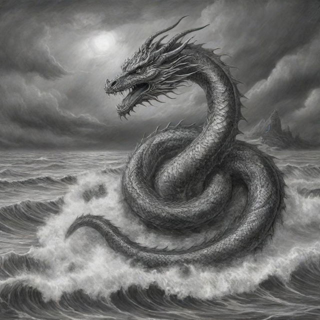 A highly detailed black and white pencil drawing of the mythical Bakunawa serpent dragon, set against an intricate background of a stormy seascape.