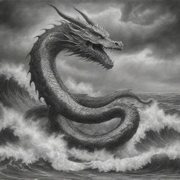 A highly detailed black and white pencil drawing of the mythical Bakunawa serpent dragon, set against an intricate background of a stormy seascape.