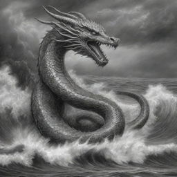 A highly detailed black and white pencil drawing of the mythical Bakunawa serpent dragon, set against an intricate background of a stormy seascape.