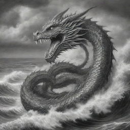 A highly detailed black and white pencil drawing of the mythical Bakunawa serpent dragon, set against an intricate background of a stormy seascape.