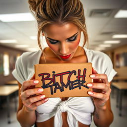 A close-up shot focusing on a gorgeous female with a blonde bun, wearing a white short-sleeve shirt tied in the front