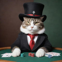 A lounging cat dressed in former poker-themed clothes and a magician's hat, exuding a relaxed yet magical aura