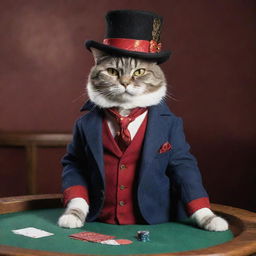 A lounging cat dressed in former poker-themed clothes and a magician's hat, exuding a relaxed yet magical aura