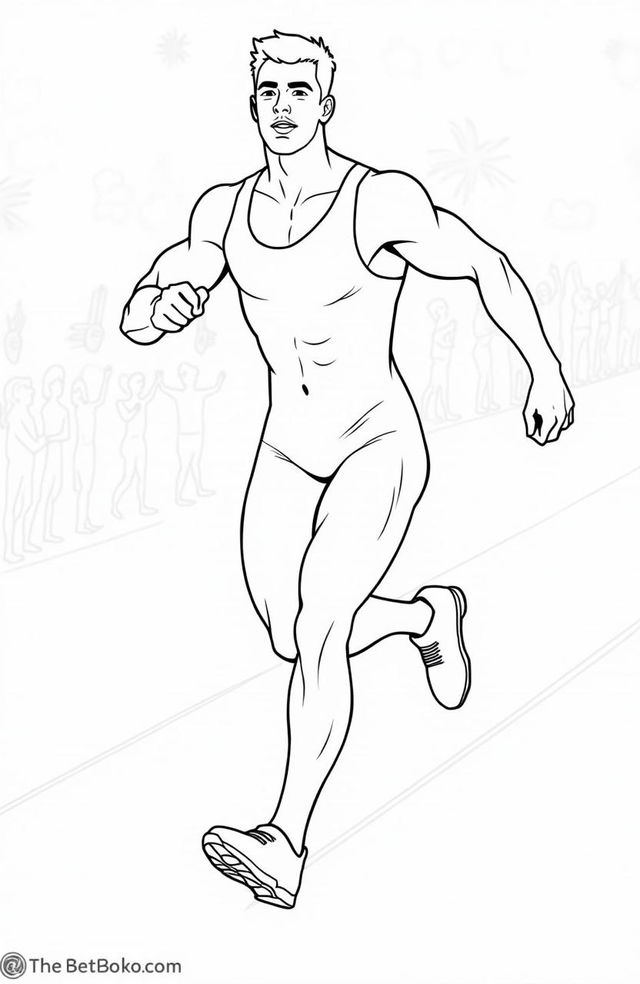 A coloring page featuring a male Olympic athlete in action, showcasing a strong and muscular physique