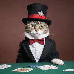 A lounging cat dressed in former poker-themed clothes and a magician's hat, exuding a relaxed yet magical aura