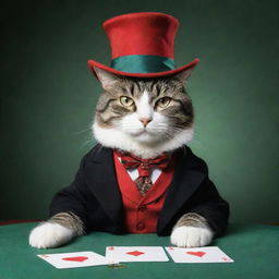 A lounging cat dressed in former poker-themed clothes and a magician's hat, exuding a relaxed yet magical aura