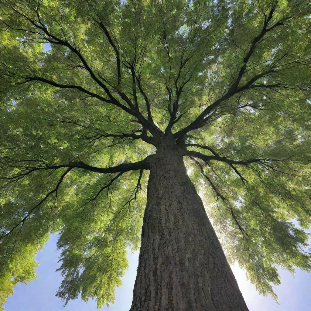 A tall, majestic tree with bright green leaves and a beautifully-textured bark standing solitarily in sunlight.