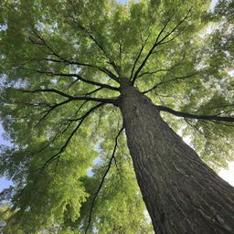 A tall, majestic tree with bright green leaves and a beautifully-textured bark standing solitarily in sunlight.