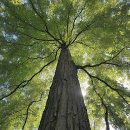 A tall, majestic tree with bright green leaves and a beautifully-textured bark standing solitarily in sunlight.