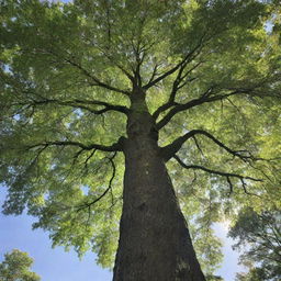 A tall, majestic tree with bright green leaves and a beautifully-textured bark standing solitarily in sunlight.