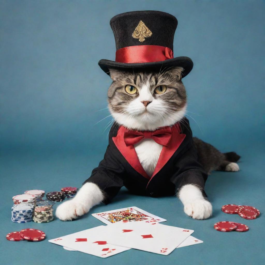 A whimsical cat dressed as a magician with poker-themed clothes, including a magical top hat, playfully laying on the ground.