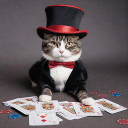 A whimsical cat dressed as a magician with poker-themed clothes, including a magical top hat, playfully laying on the ground.