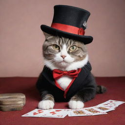 A whimsical cat dressed as a magician with poker-themed clothes, including a magical top hat, playfully laying on the ground.