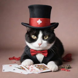 A whimsical cat dressed as a magician with poker-themed clothes, including a magical top hat, playfully laying on the ground.