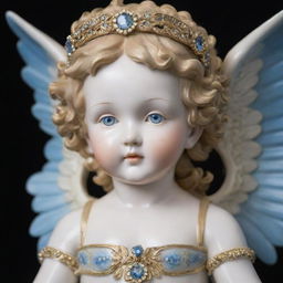 A tall, beautiful cherub with four large wings, garbed in white and gold attire adorned with gems. This cherub has porcelain skin, striking blue eyes, and flowing white wavy hair.