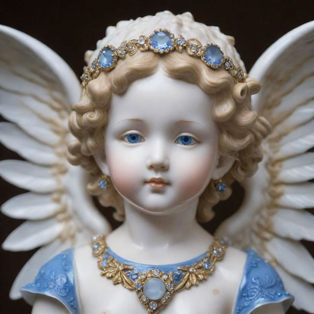 A tall, beautiful cherub with four large wings, garbed in white and gold attire adorned with gems. This cherub has porcelain skin, striking blue eyes, and flowing white wavy hair.