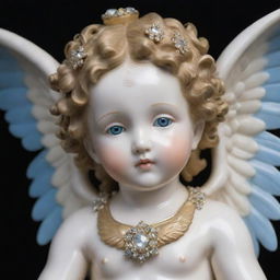 A tall, beautiful cherub with four large wings, garbed in white and gold attire adorned with gems. This cherub has porcelain skin, striking blue eyes, and flowing white wavy hair.