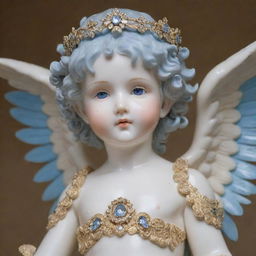 A tall, beautiful cherub with four large wings, garbed in white and gold attire adorned with gems. This cherub has porcelain skin, striking blue eyes, and flowing white wavy hair.