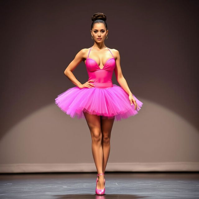 A stunning ballerina on stage, wearing a vibrant pink tutu and a ballerina hairstyle