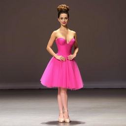 A woman standing on stage in a bright pink ballerina tutu, showcasing a classic ballerina hairstyle