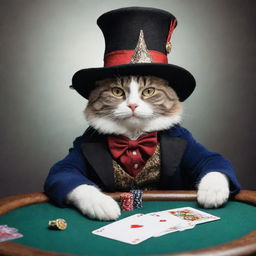 Revisit the previous image, modifying it to a side view. The magician cat lounging in poker-themed clothes and magical hat, viewed sideways