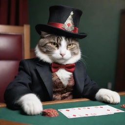 Revisit the previous image, modifying it to a side view. The magician cat lounging in poker-themed clothes and magical hat, viewed sideways