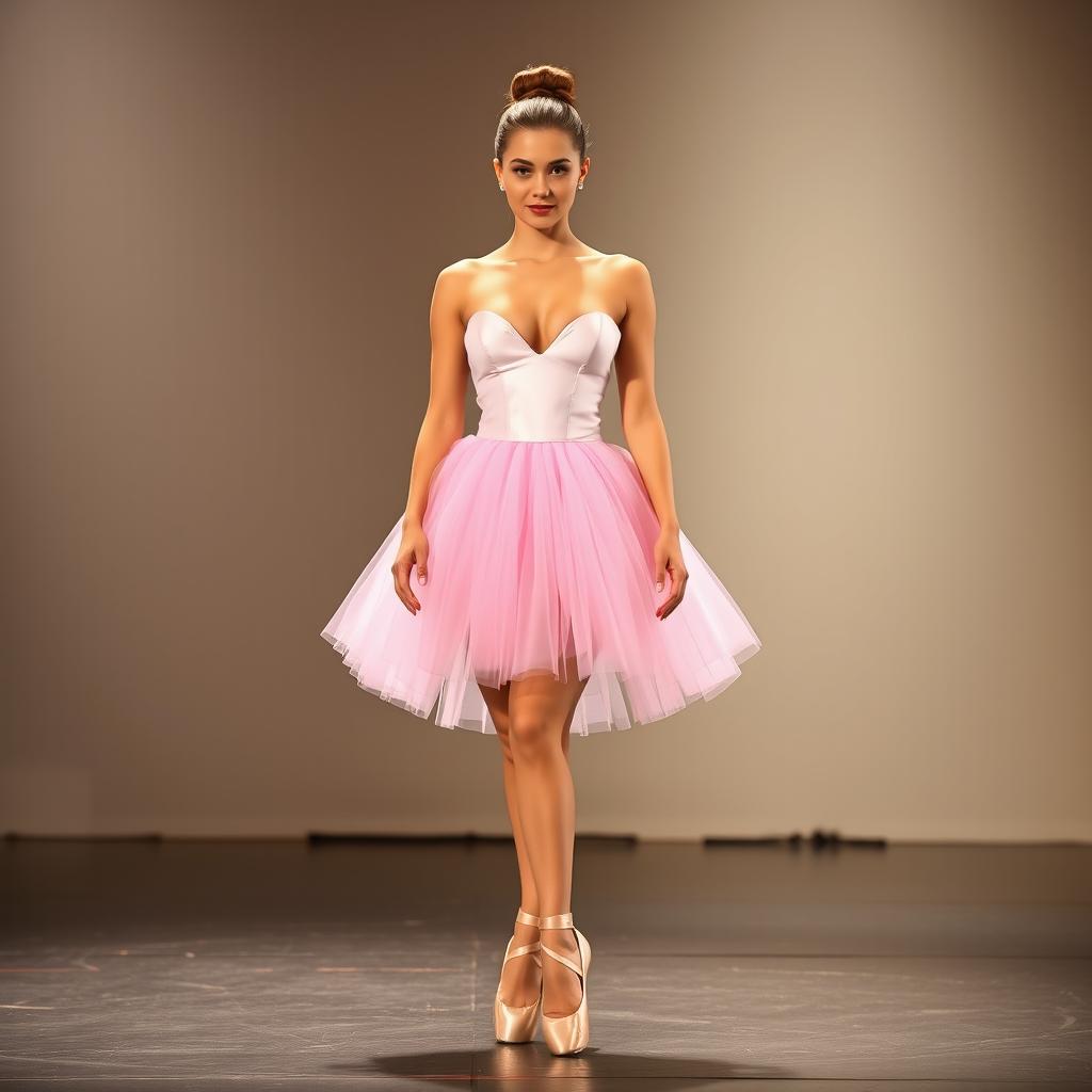 A woman standing on stage wearing a pink ballerina tutu and matching pink ballerina shoes